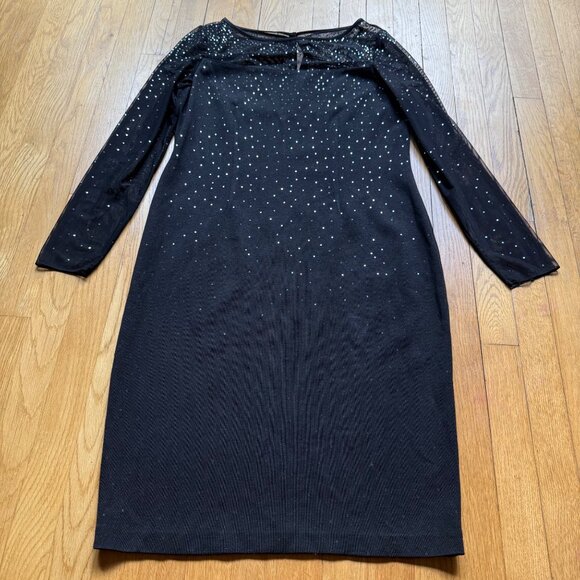 St. John Size 12 Black Rhinestone Embellished Mesh Long Sleeve Sheath Mini Dress - Picture 3 of 16